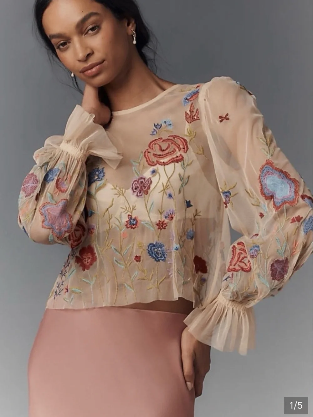 NWT Anthropologie Mesh Sheer Embroidered Floral Blouse in Nude